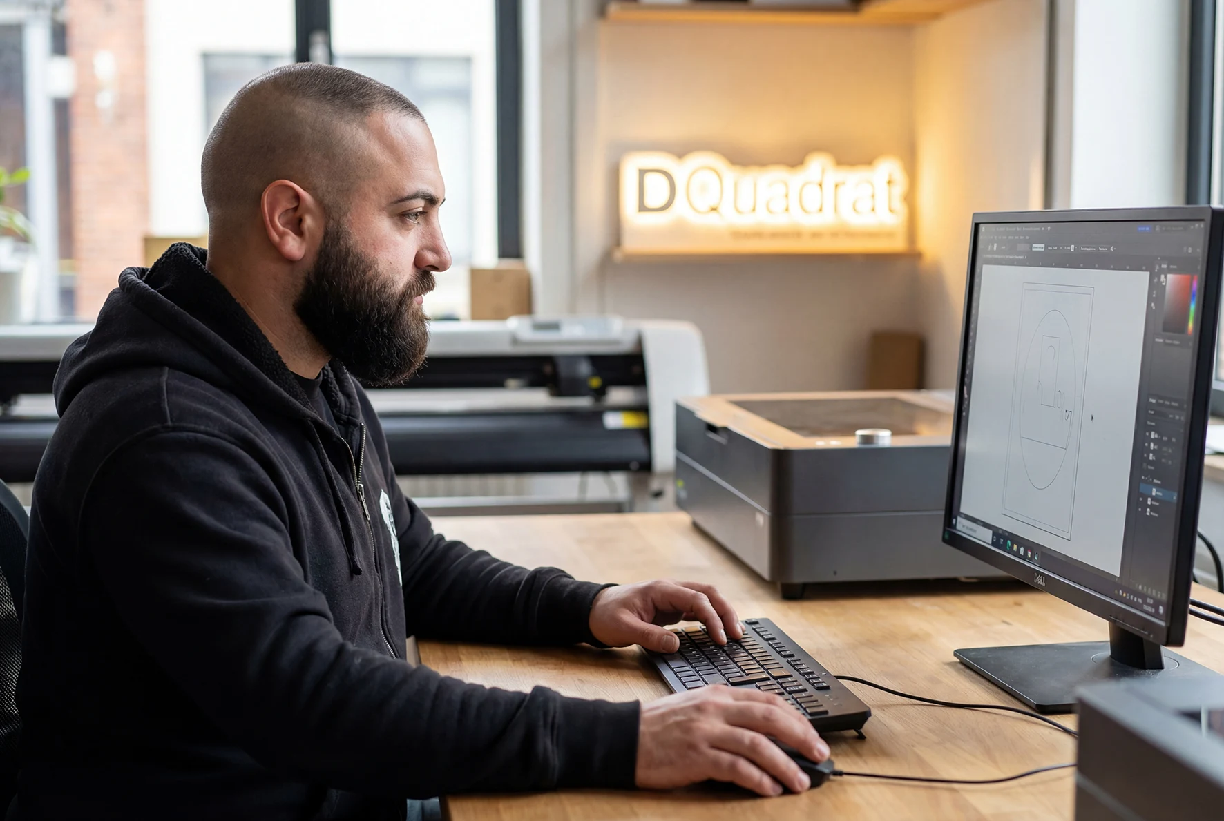 Deniz Dikme am Arbeitsplatz bei DQuadrat Werbetechnik